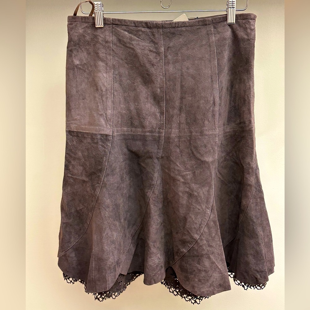 NWT Anthropologie Odille Chocolate Brown Suede Skirt Lace Hem Sz 6 $148
